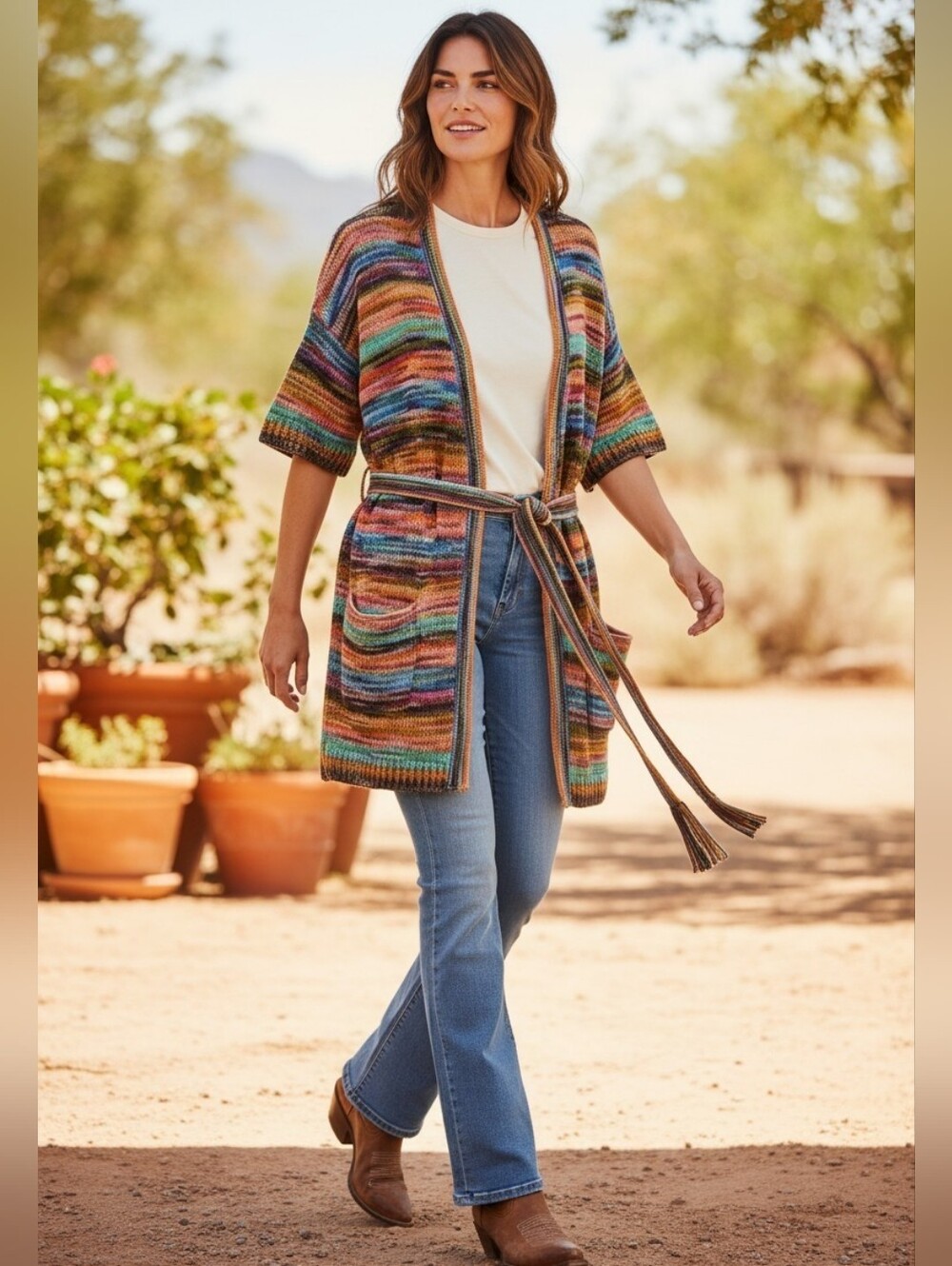 Peruvian Connection Rainbow Stripe Fringe Belt Cardigan XL Boho Southwest Indie